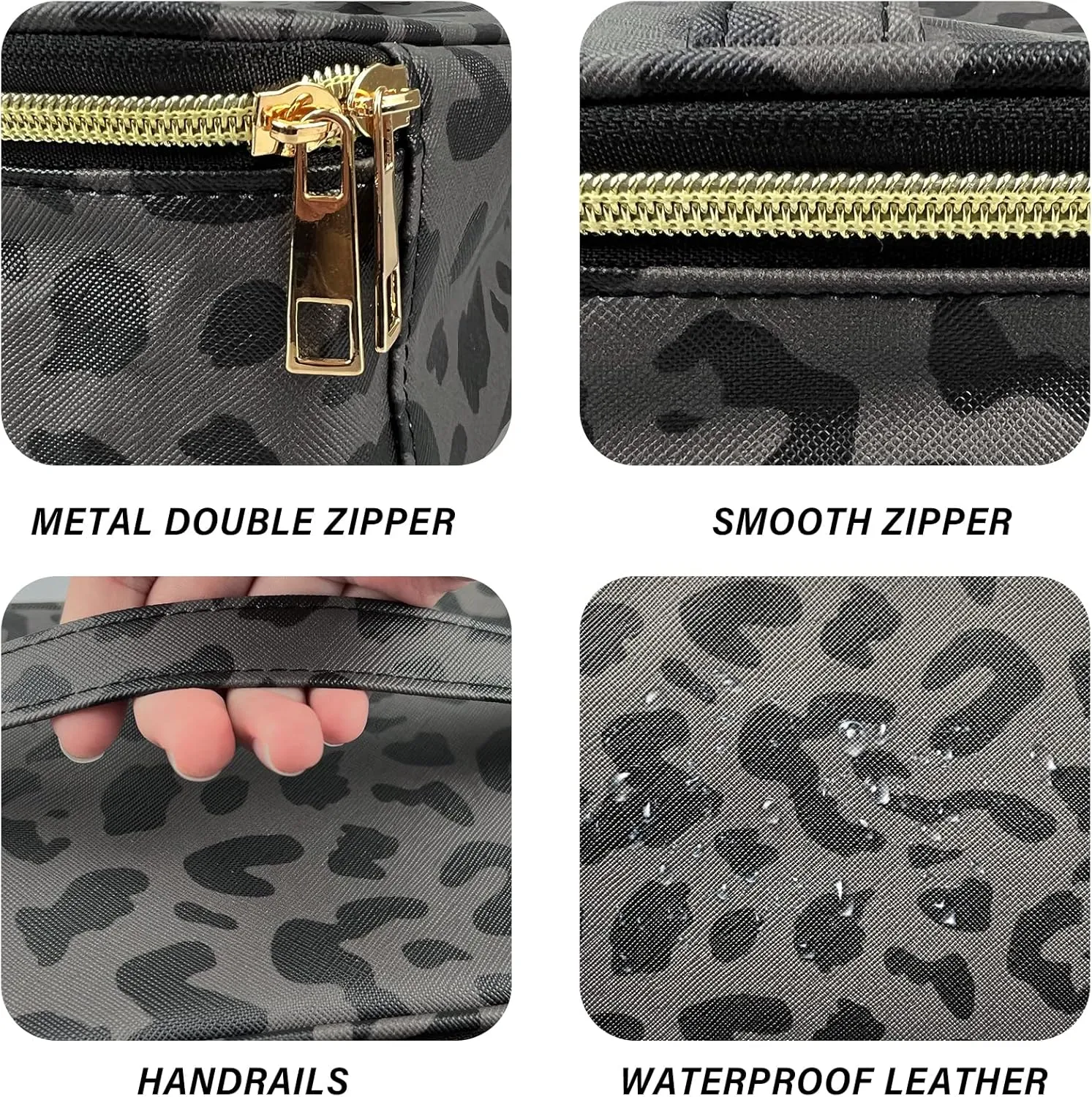 3Pcs Makeup Bag,Travel Makeup Bag,Makeup Bags for Women,Makeup Brush Bag,Large Capacity PU Cosmetic Bag,Waterproof and Durable-Black Grey Leopard Cheetah Pattern