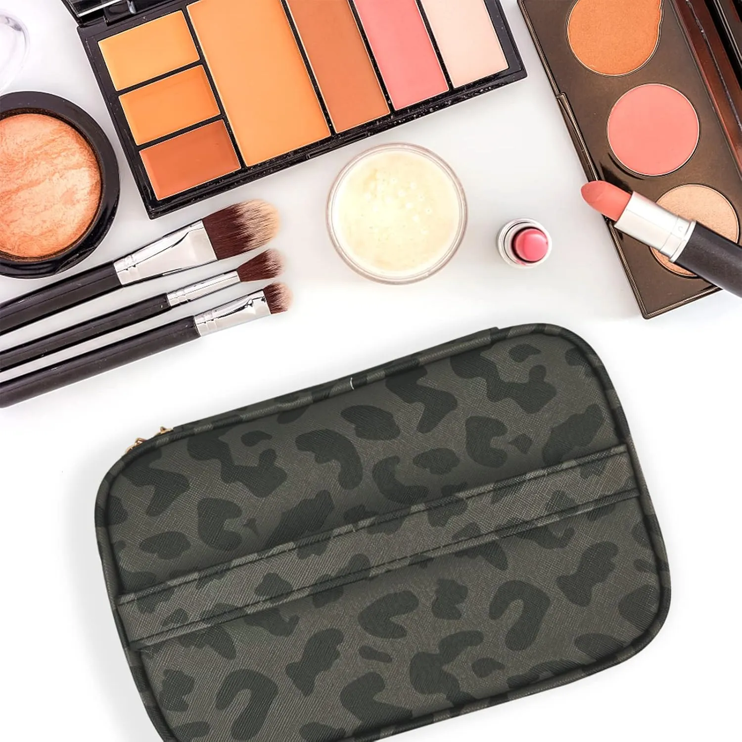 3Pcs Makeup Bag,Travel Makeup Bag,Makeup Bags for Women,Makeup Brush Bag,Large Capacity PU Cosmetic Bag,Waterproof and Durable-Black Grey Leopard Cheetah Pattern