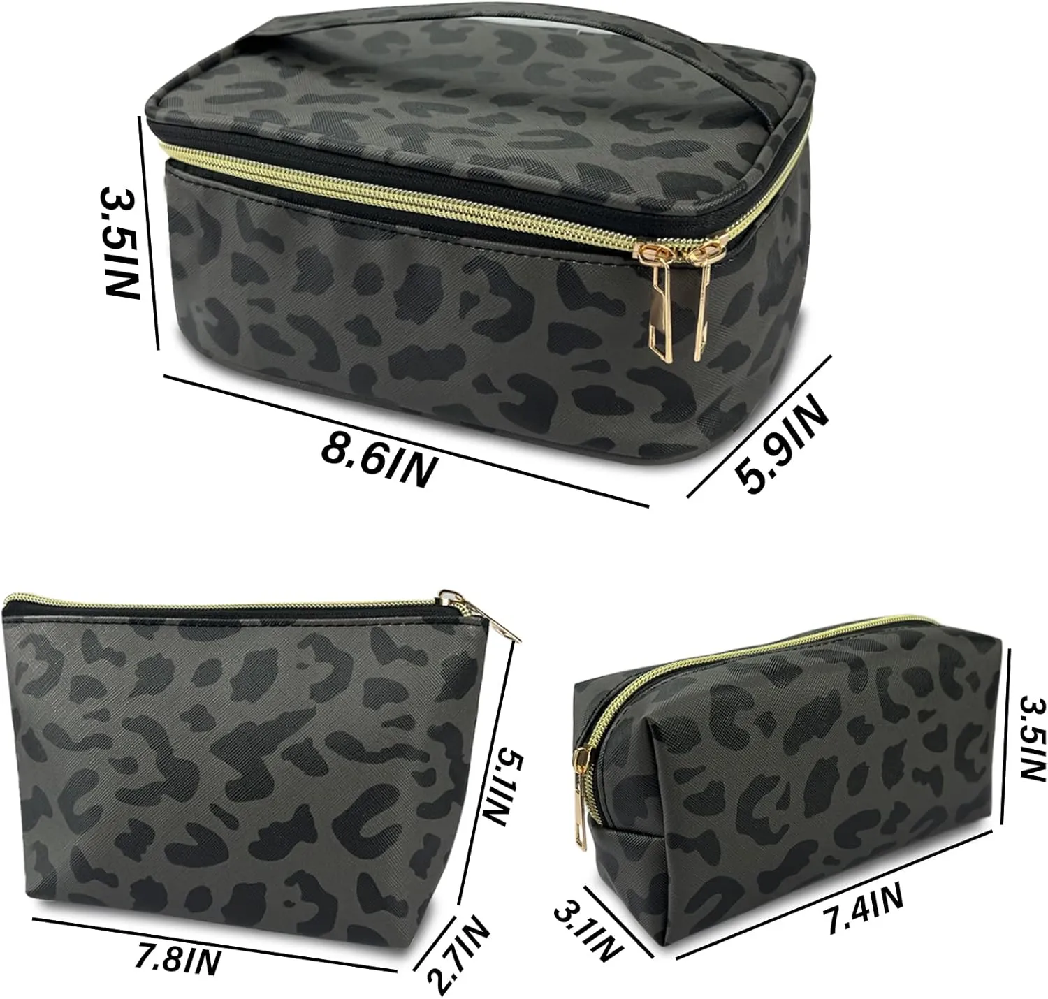 3Pcs Makeup Bag,Travel Makeup Bag,Makeup Bags for Women,Makeup Brush Bag,Large Capacity PU Cosmetic Bag,Waterproof and Durable-Black Grey Leopard Cheetah Pattern