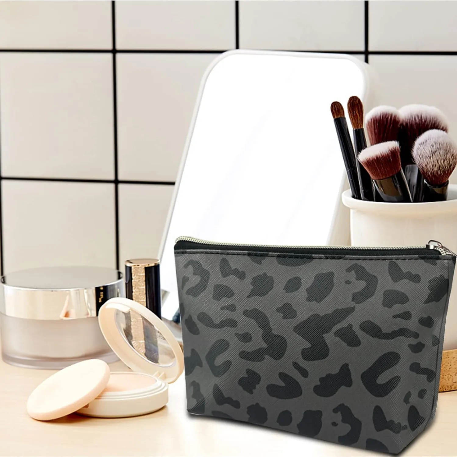 3Pcs Makeup Bag,Travel Makeup Bag,Makeup Bags for Women,Makeup Brush Bag,Large Capacity PU Cosmetic Bag,Waterproof and Durable-Black Grey Leopard Cheetah Pattern