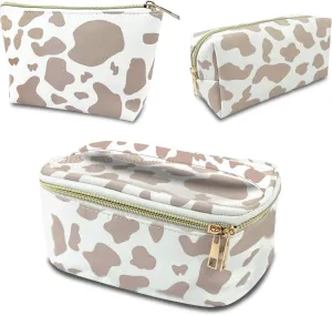 3Pcs Makeup Bag,Travel Makeup Bag,Makeup Bags for Women,Makeup Brush Bag,Large Capacity PU Cosmetic Bag,Waterproof and Durable-Brown Cow Pattern
