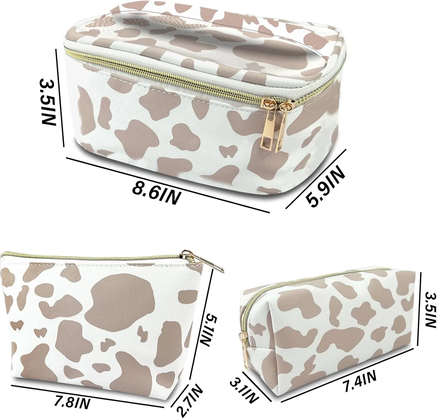 3Pcs Makeup Bag,Travel Makeup Bag,Makeup Bags for Women,Makeup Brush Bag,Large Capacity PU Cosmetic Bag,Waterproof and Durable-Brown Cow Pattern