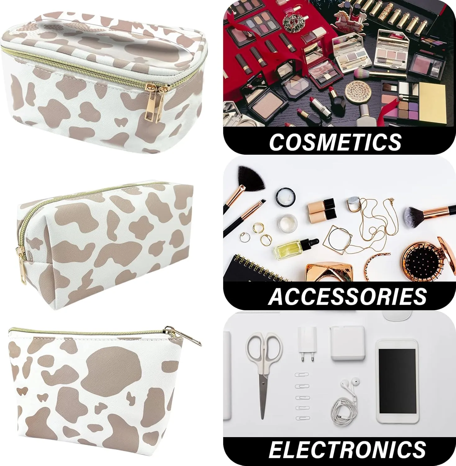 3Pcs Makeup Bag,Travel Makeup Bag,Makeup Bags for Women,Makeup Brush Bag,Large Capacity PU Cosmetic Bag,Waterproof and Durable-Brown Cow Pattern