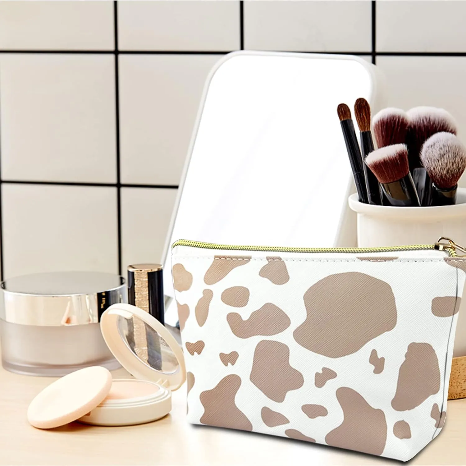 3Pcs Makeup Bag,Travel Makeup Bag,Makeup Bags for Women,Makeup Brush Bag,Large Capacity PU Cosmetic Bag,Waterproof and Durable-Brown Cow Pattern