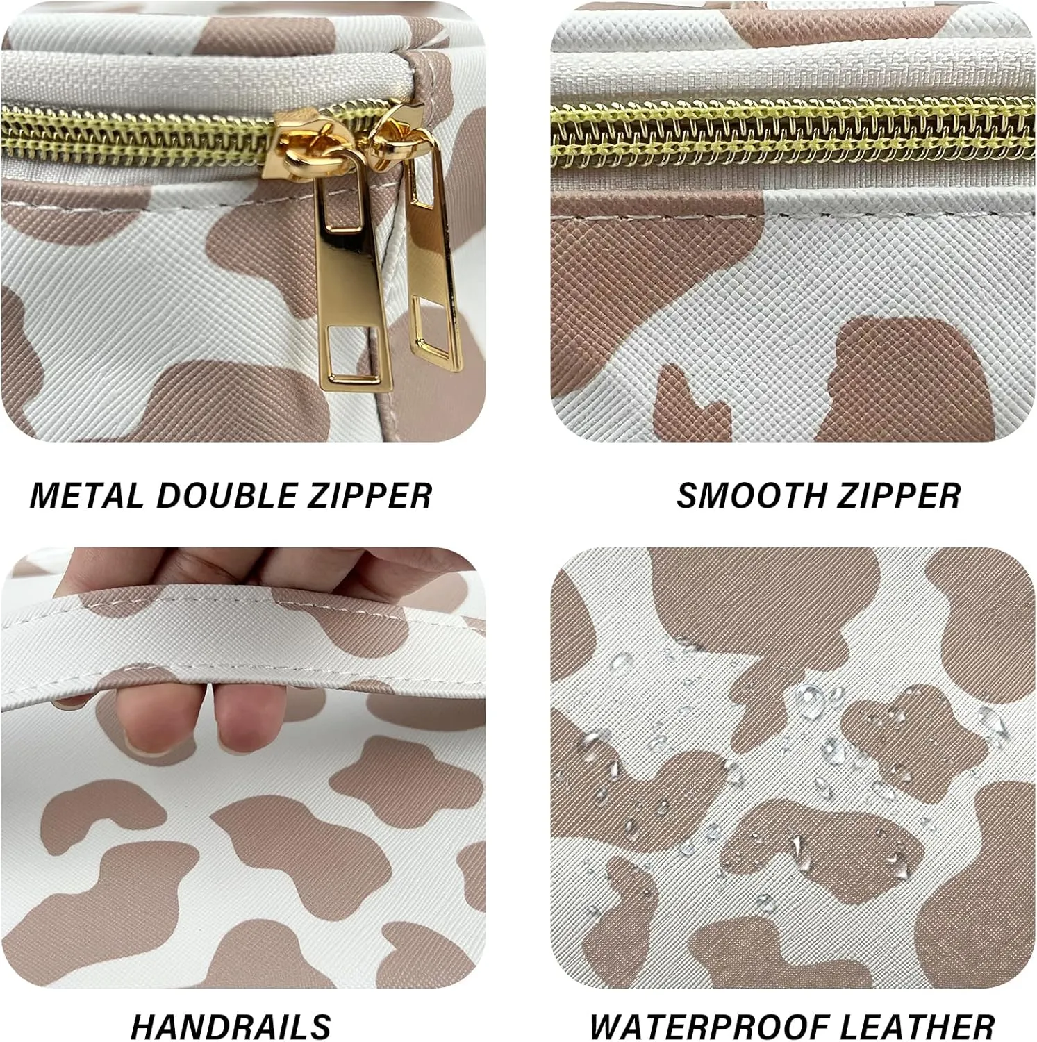 3Pcs Makeup Bag,Travel Makeup Bag,Makeup Bags for Women,Makeup Brush Bag,Large Capacity PU Cosmetic Bag,Waterproof and Durable-Brown Cow Pattern