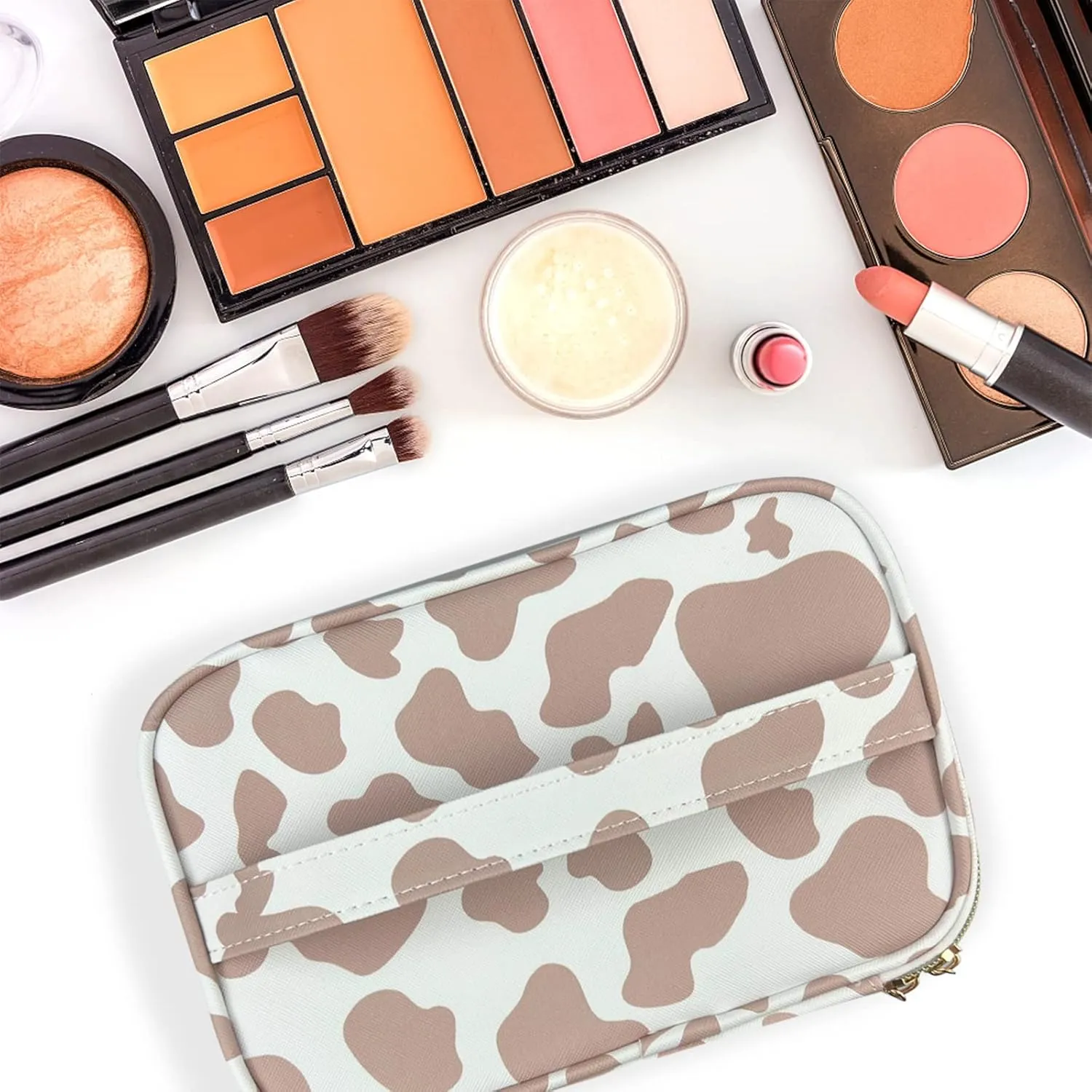 3Pcs Makeup Bag,Travel Makeup Bag,Makeup Bags for Women,Makeup Brush Bag,Large Capacity PU Cosmetic Bag,Waterproof and Durable-Brown Cow Pattern