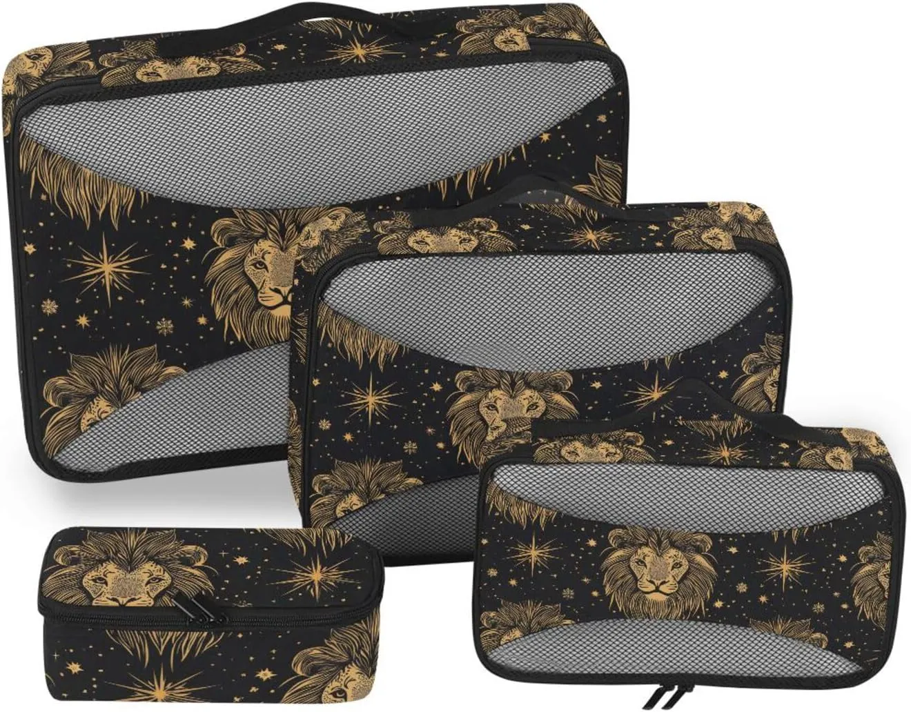 4 Pcs set organizer bags set Mesh Travel Essentials Gothic Golden Lion expandable sets compression packing