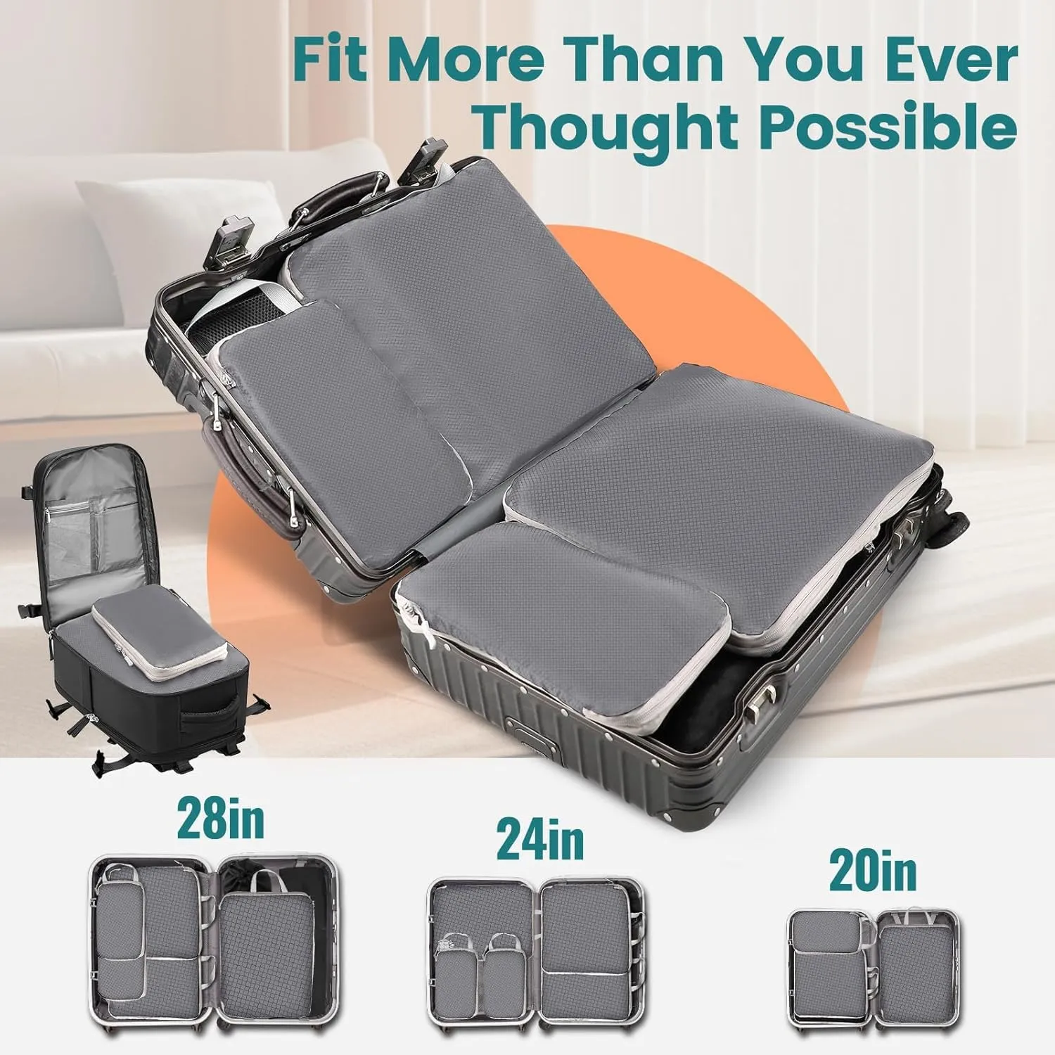4 Set Compression Packing Cubes for Suitcase - Space-Saving Luggage Organizer Bags, Lightweight Travel Essentials for Efficient Packing (Grey)