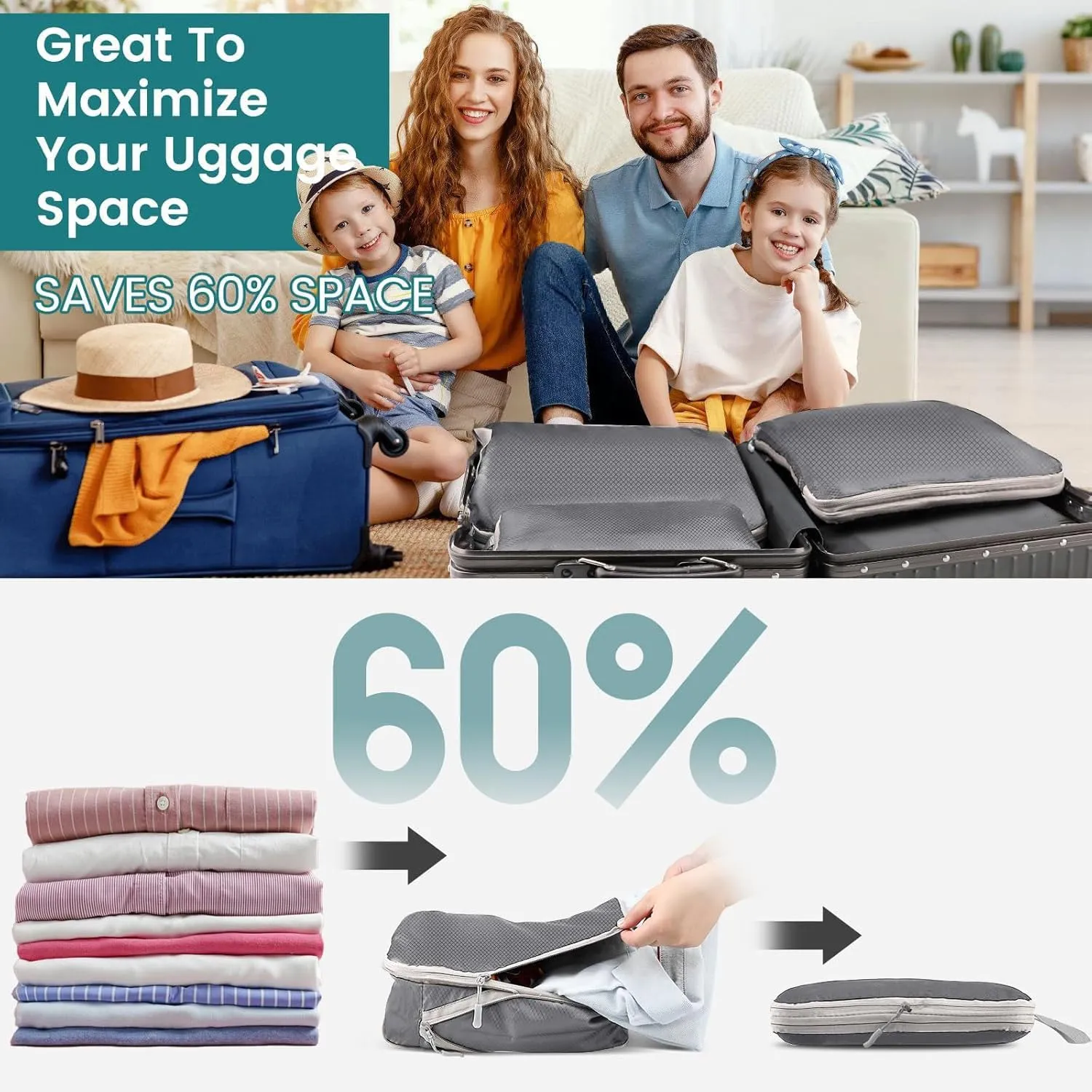 4 Set Compression Packing Cubes for Suitcase - Space-Saving Luggage Organizer Bags, Lightweight Travel Essentials for Efficient Packing (Grey)