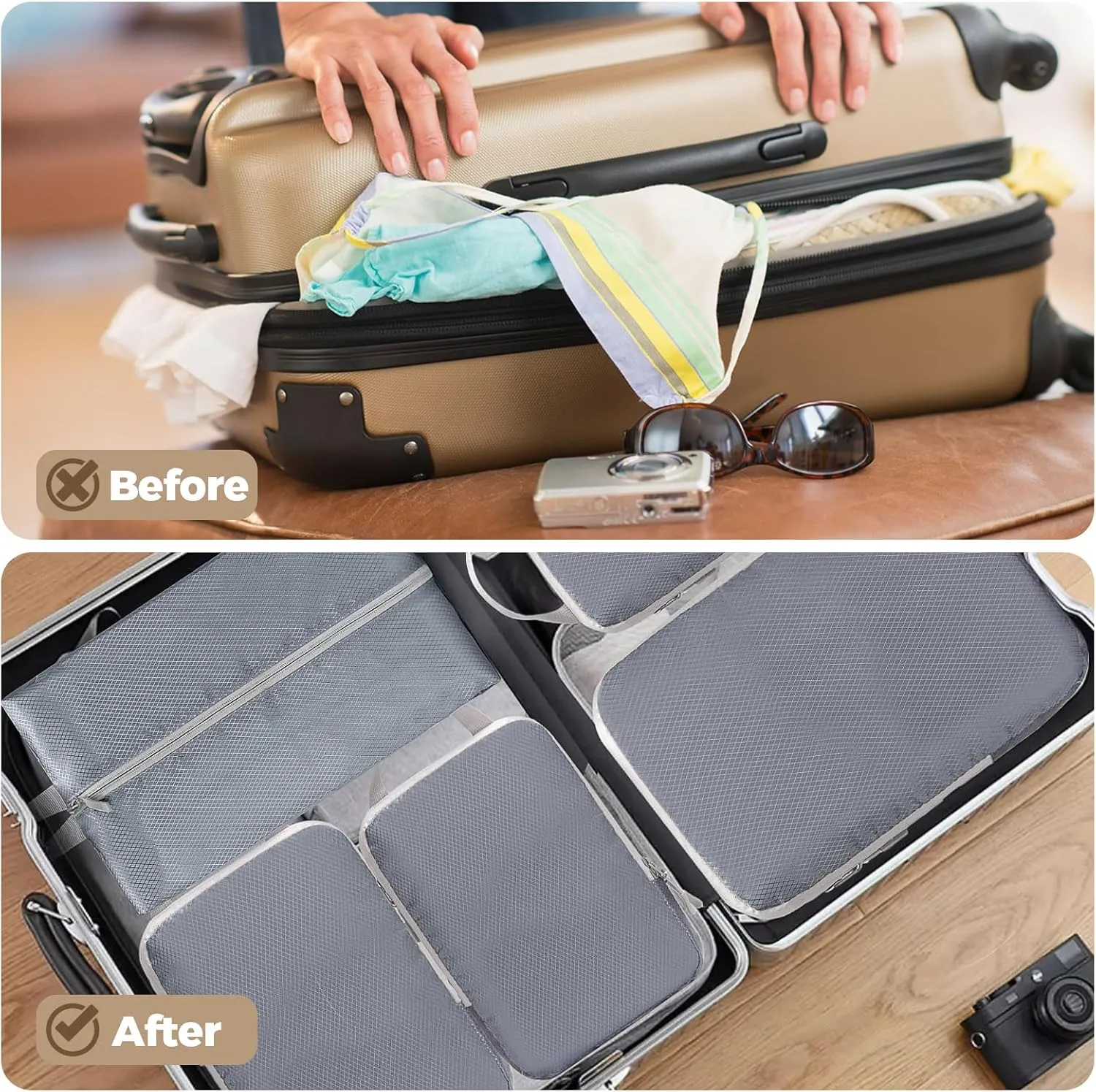 4 Set Compression Packing Cubes for Suitcase - Space-Saving Luggage Organizer Bags, Lightweight Travel Essentials for Efficient Packing (Grey)