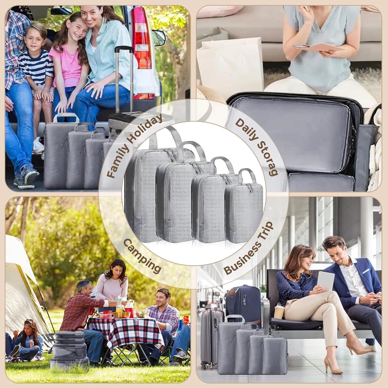 4 Set Compression Packing Cubes for Suitcase - Space-Saving Luggage Organizer Bags, Lightweight Travel Essentials for Efficient Packing (Grey)