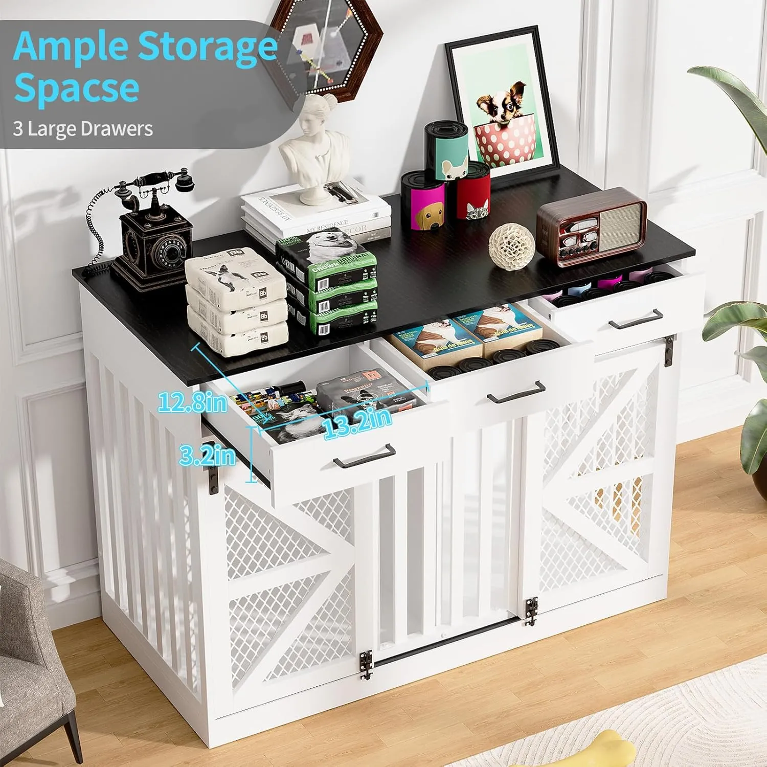 48'' Large Dog Crate Furniture with Divider and 3 Drawers, Wooden Double Dog Cage TV Stand with 2 Sliding Barn Doors, Extra Large Dog Cage Table, Sturdy Dog Kennel Indoor(White)