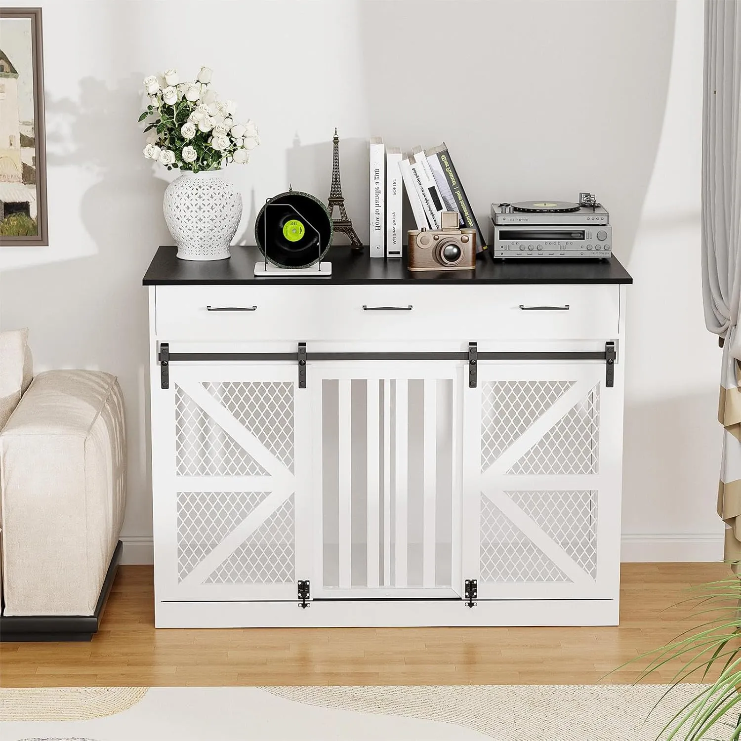 48'' Large Dog Crate Furniture with Divider and 3 Drawers, Wooden Double Dog Cage TV Stand with 2 Sliding Barn Doors, Extra Large Dog Cage Table, Sturdy Dog Kennel Indoor(White)