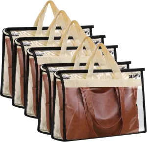 5 Pack Dust Bags for Handbags,Purse Dust Bags with Zipper and Handle,Clear Anti-dust Purse Storage Bag,Hanging Handbags Cover for Closet Hanging Storage(X-Large)