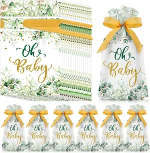 50 Pcs Baby Shower Party Favors Bags Baby Plastic Drawstring Gift Candy Goodies Treat Bags for Guest Greenery Woodland Theme Baby Boy Girl Birthday Gender Reveal Decor Supplies(Drawstring)