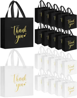 50 Pcs Thank You Gift Bags with Handles Bulk Thank You Non Woven Bags Reusable Gift Handbags Bridesmaid Souvenir Goodie Handbags for Wedding Shopping(11 x 12 x 5 Inch,Black, White)