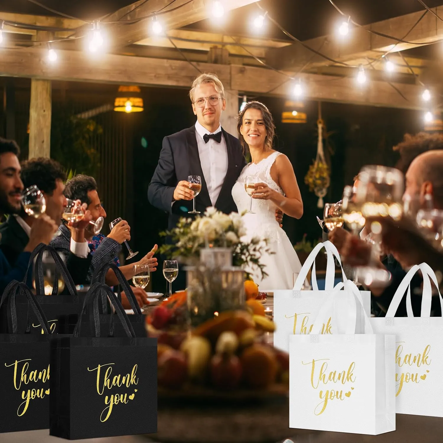 50 Pcs Thank You Gift Bags with Handles Bulk Thank You Non Woven Bags Reusable Gift Handbags Bridesmaid Souvenir Goodie Handbags for Wedding Shopping(11 x 12 x 5 Inch,Black, White)