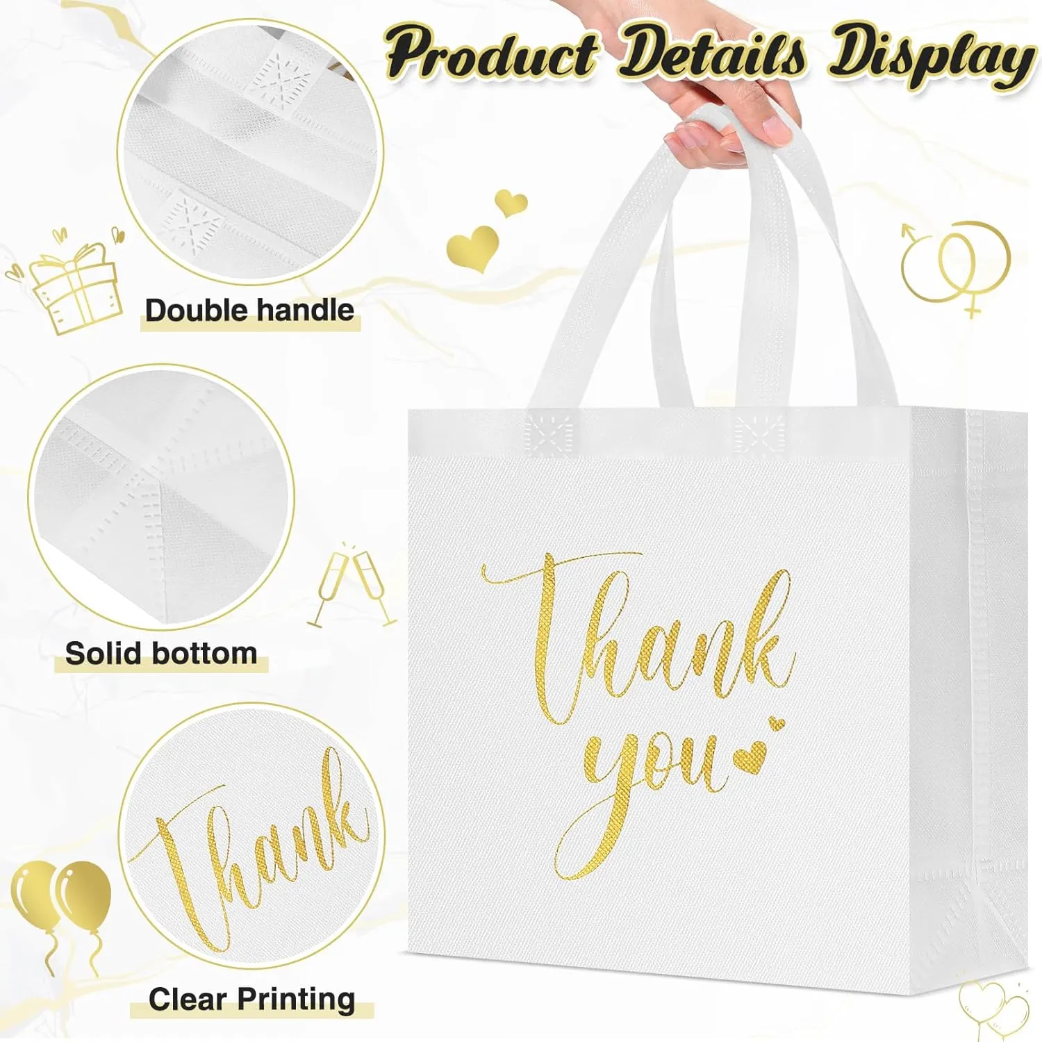 50 Pcs Thank You Gift Bags with Handles Bulk Thank You Non Woven Bags Reusable Gift Handbags Bridesmaid Souvenir Goodie Handbags for Wedding Shopping(11 x 12 x 5 Inch,Black, White)