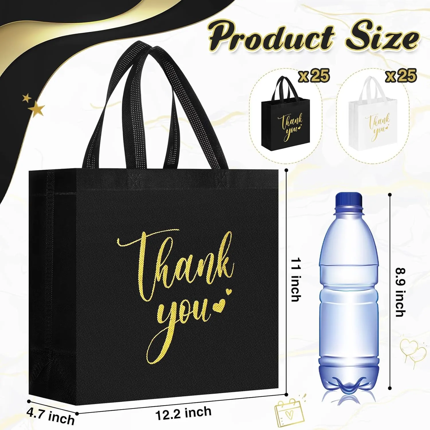 50 Pcs Thank You Gift Bags with Handles Bulk Thank You Non Woven Bags Reusable Gift Handbags Bridesmaid Souvenir Goodie Handbags for Wedding Shopping(11 x 12 x 5 Inch,Black, White)