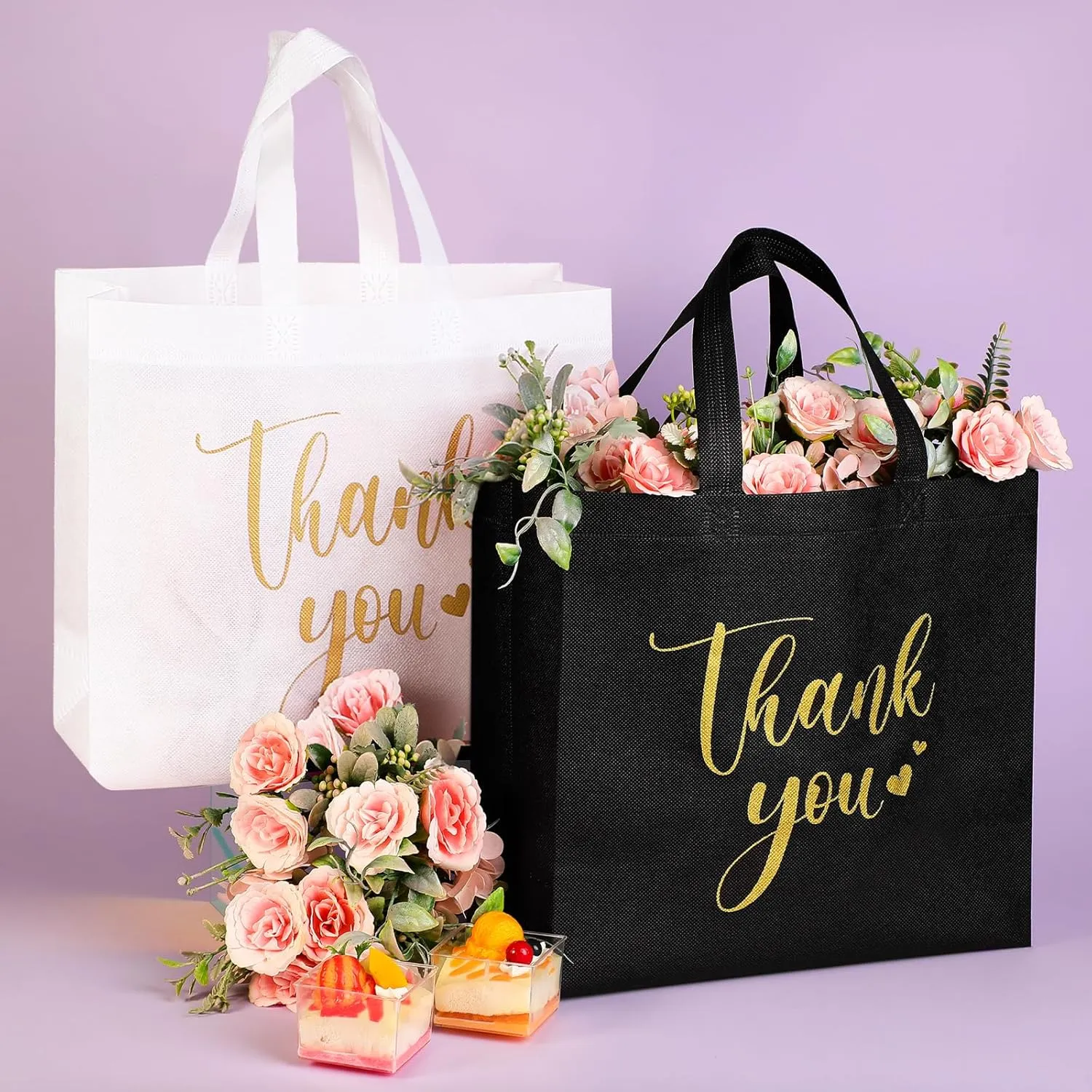 50 Pcs Thank You Gift Bags with Handles Bulk Thank You Non Woven Bags Reusable Gift Handbags Bridesmaid Souvenir Goodie Handbags for Wedding Shopping(11 x 12 x 5 Inch,Black, White)