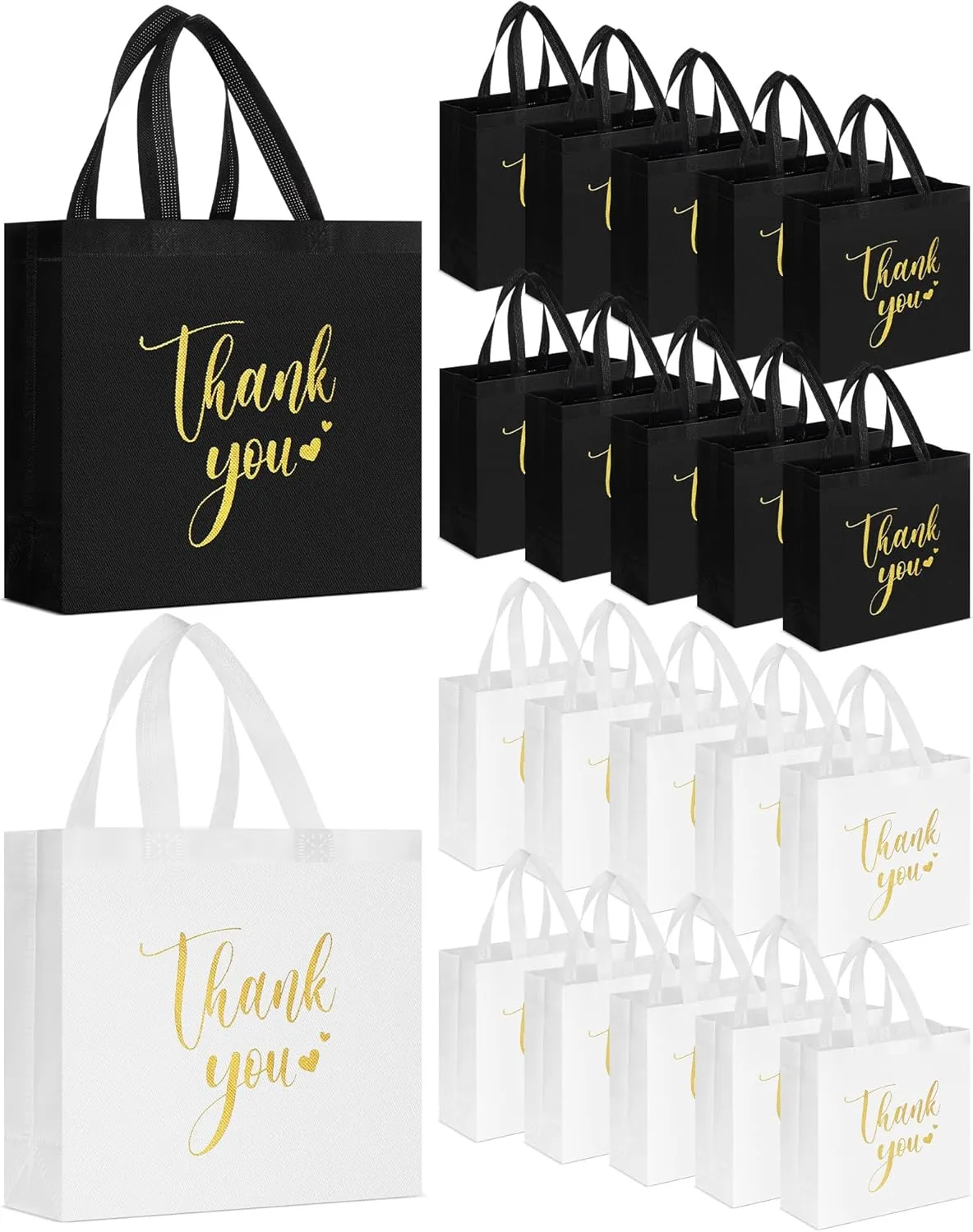 50 Pcs Thank You Gift Bags with Handles Bulk Thank You Non Woven Bags Reusable Gift Handbags Bridesmaid Souvenir Goodie Handbags for Wedding Shopping(11 x 12 x 5 Inch,Black, White)