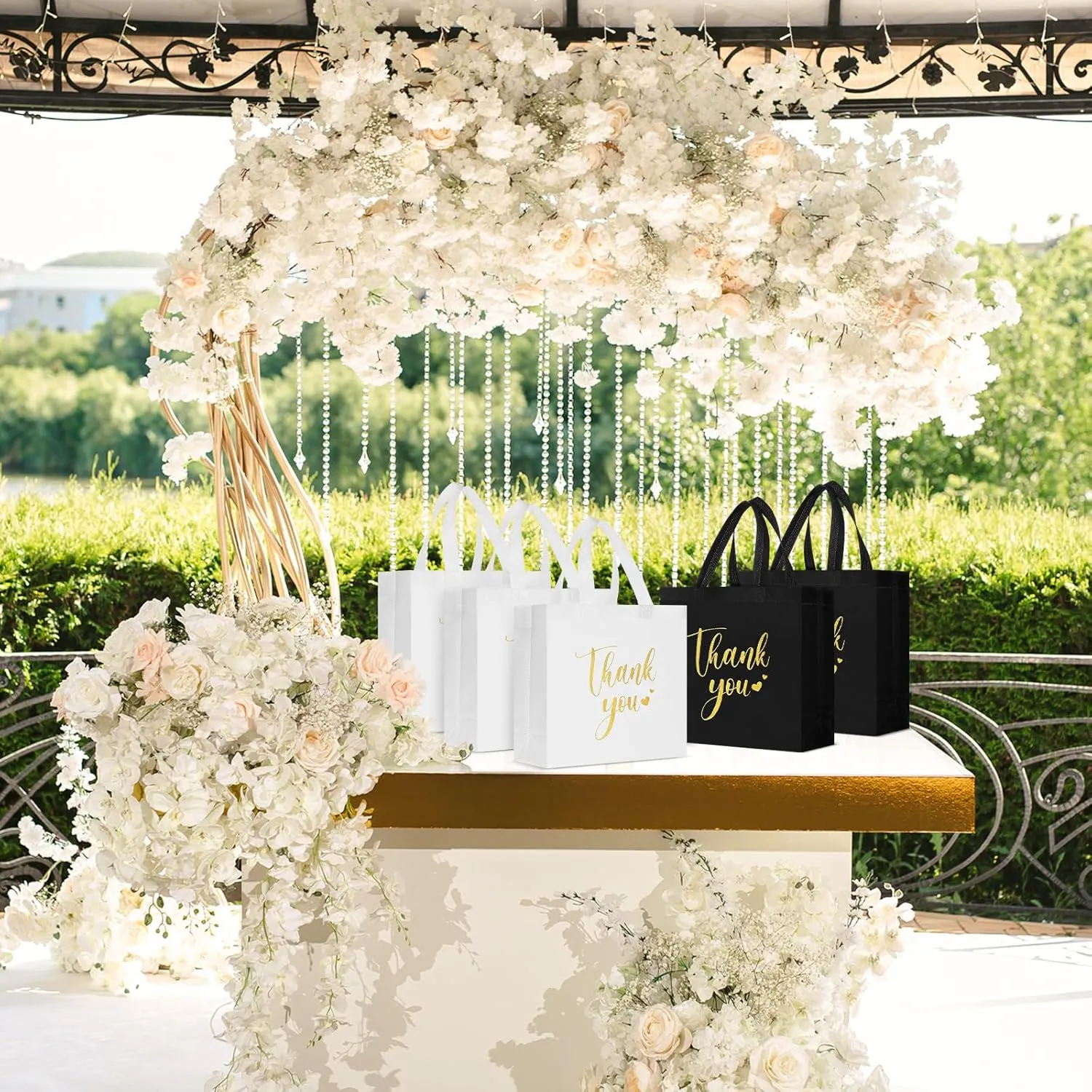50 Pcs Thank You Gift Bags with Handles Bulk Thank You Non Woven Bags Reusable Gift Handbags Bridesmaid Souvenir Goodie Handbags for Wedding Shopping(11 x 12 x 5 Inch,Black, White)