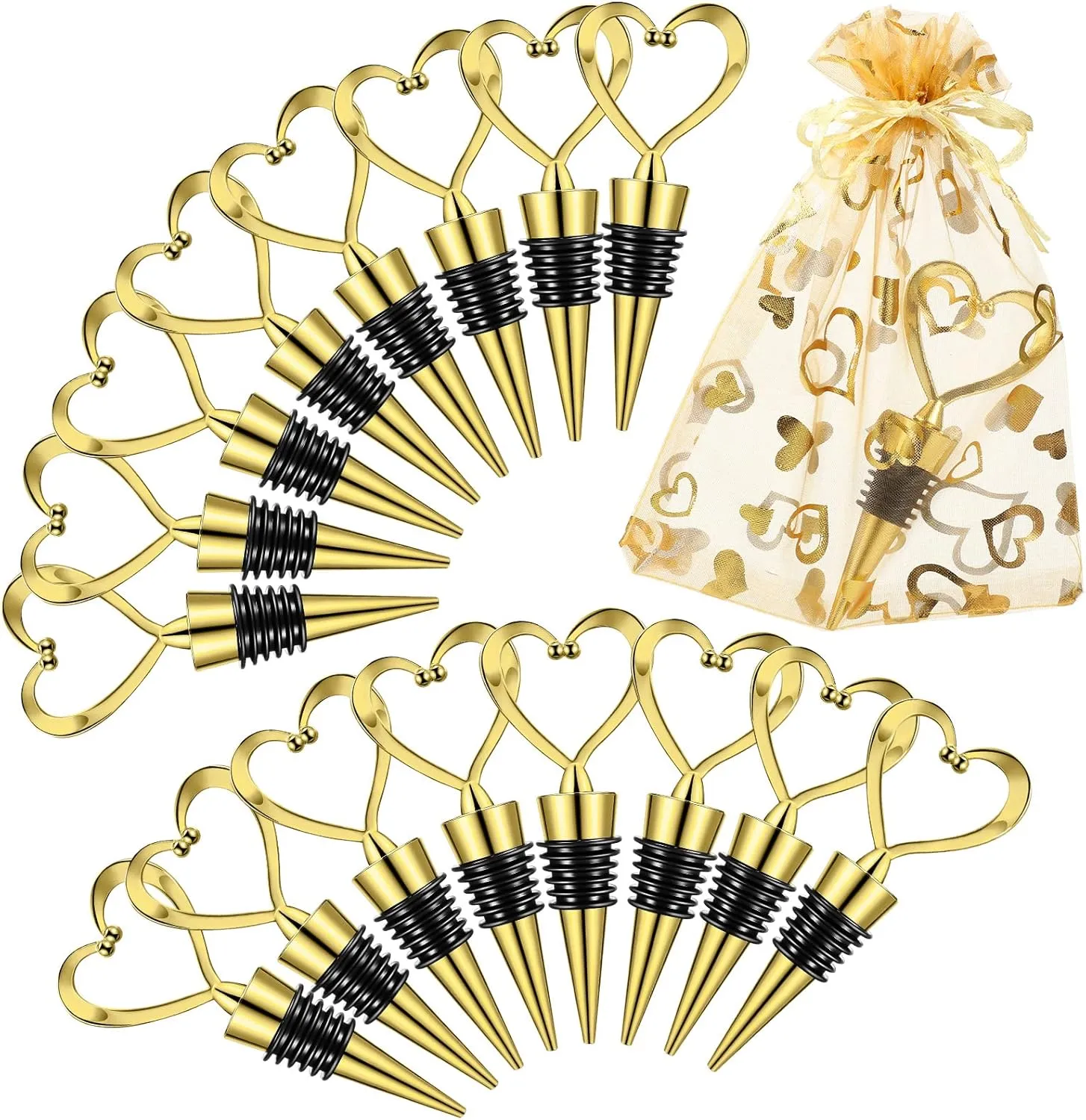 50 Pieces Heart Shaped Wine Stopper Wedding Favors for Guests Love Beverage Bottle Stopper with 50 Pieces Golden Organza Bags for Engagement Souvenir Gifts Bridal Shower Party Supplies (Gold)