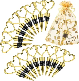 50 Pieces Heart Shaped Wine Stopper Wedding Favors for Guests Love Beverage Bottle Stopper with 50 Pieces Golden Organza Bags for Engagement Souvenir Gifts Bridal Shower Party Supplies (Gold)