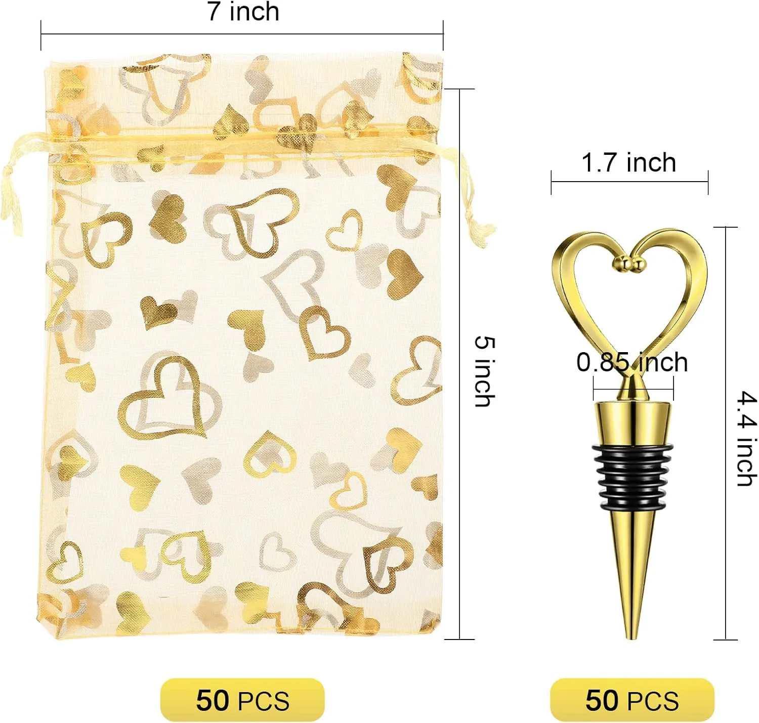 50 Pieces Heart Shaped Wine Stopper Wedding Favors for Guests Love Beverage Bottle Stopper with 50 Pieces Golden Organza Bags for Engagement Souvenir Gifts Bridal Shower Party Supplies (Gold)