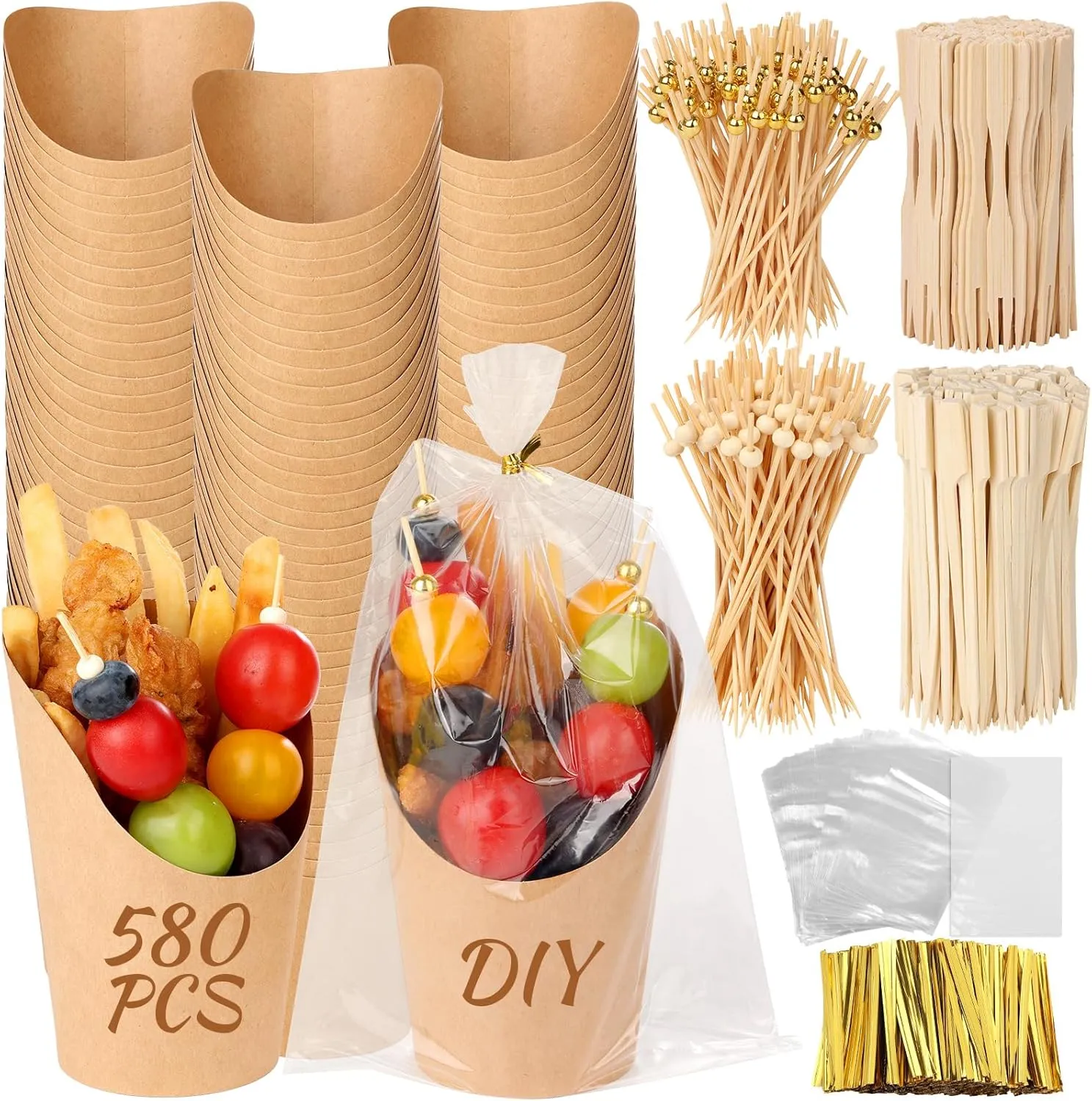 580PCS 14oz Charcuterie Cups with Cocktail Picks and Portable Bags, Disposable Brown Paper Appetizer Cups for French Fry, Party Supplies, Appetizer Cups with Cocktail Toothpicks Skewers