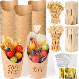 580PCS 14oz Charcuterie Cups with Cocktail Picks and Portable Bags, Disposable Brown Paper Appetizer Cups for French Fry, Party Supplies, Appetizer Cups with Cocktail Toothpicks Skewers