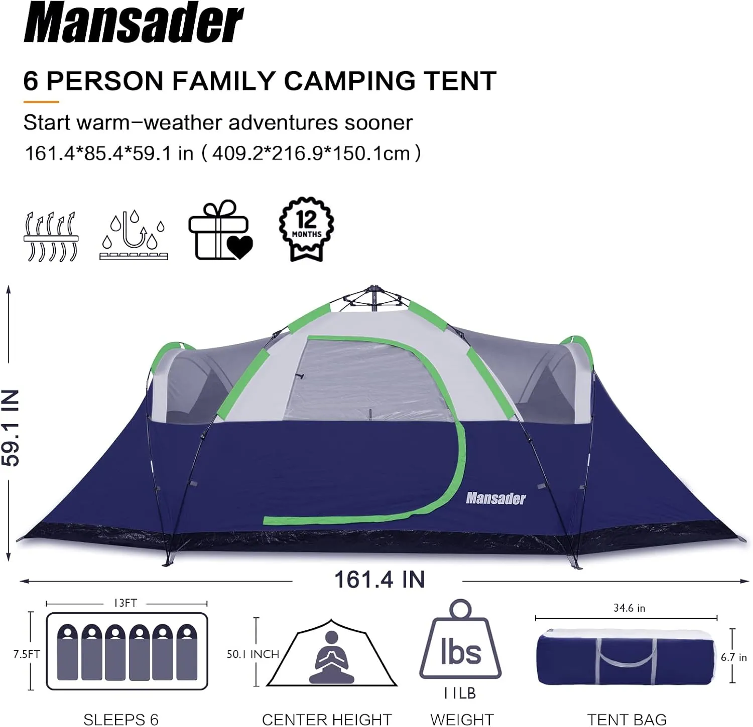 6 Person Family Camping Tent,Waterproof Windproof with Top Rainfly,Easy Set Up,Pop Up Tent for Outdoor Camping Hiking Trave