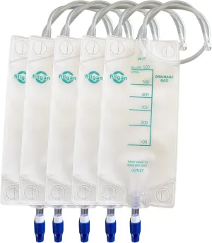 600ml Nephrostomy Bags, Clear Urine Drainage Bag with 24" Silicone Tube, Twist Drain Valve (Pack of 5)