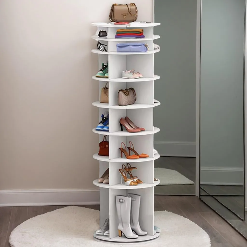 8-Tier Rotating Shoe Rack Tower Spinning Shoe Display Lazy Susan Tower, Shoe and Vertical Handbag 360 Revolving Storage Organizer Rack for Living Room Entryway Doorway
