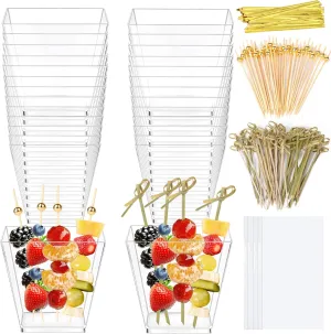 80 Plastic Charcuterie Cups with Sticks, 100 Portable Bags, 200pcs Cocktail Picks (2 Types), 7oz Clear Dessert Cups for French Fry, Party Supplies