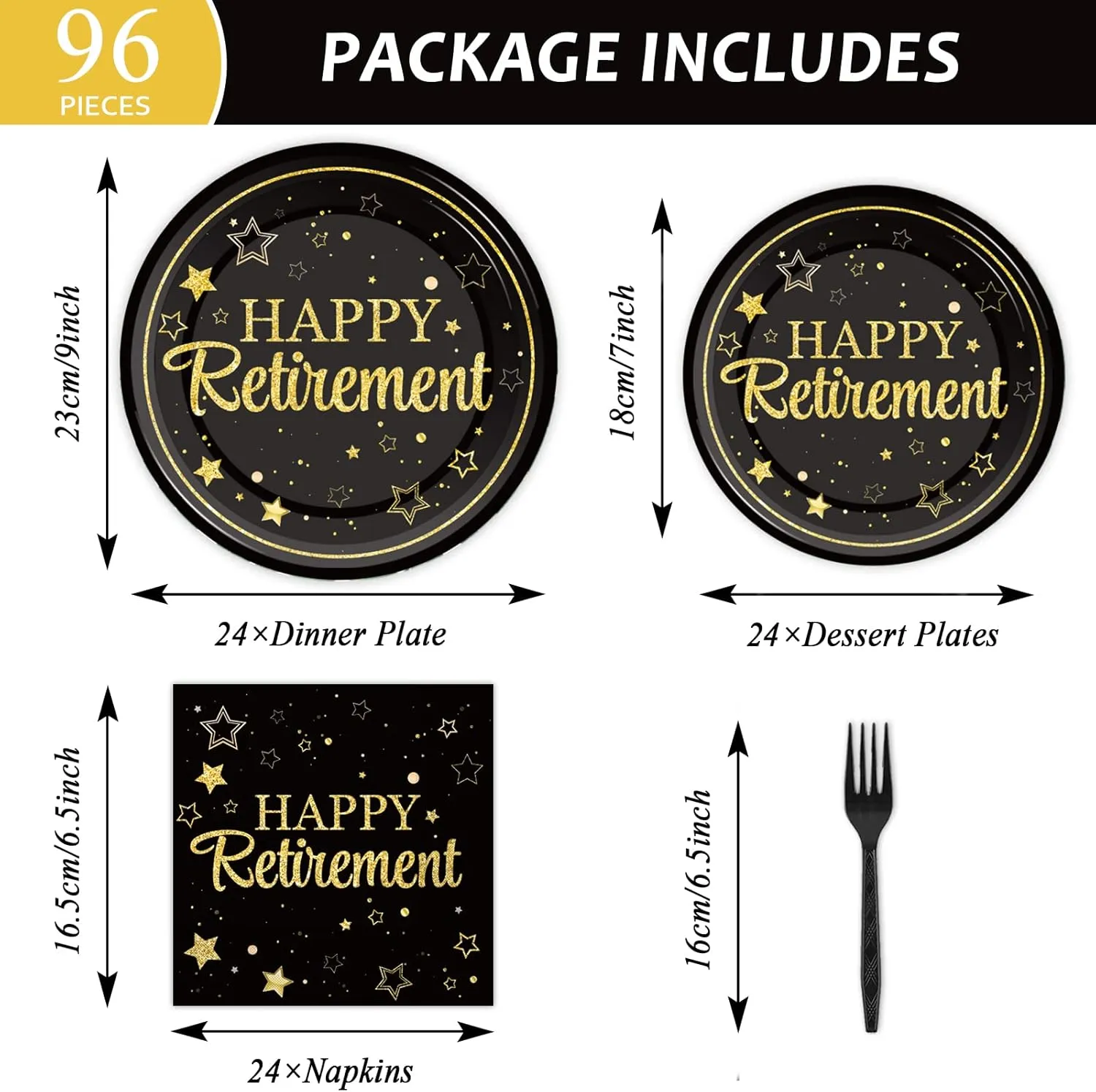 96 Pcs Retirement Party Plates Napkins Tableware Set Happy Retirement Supplies Black and Golden Disposable Dinnerware Retired Party Decoration Favors for Women Men, 24 Guests