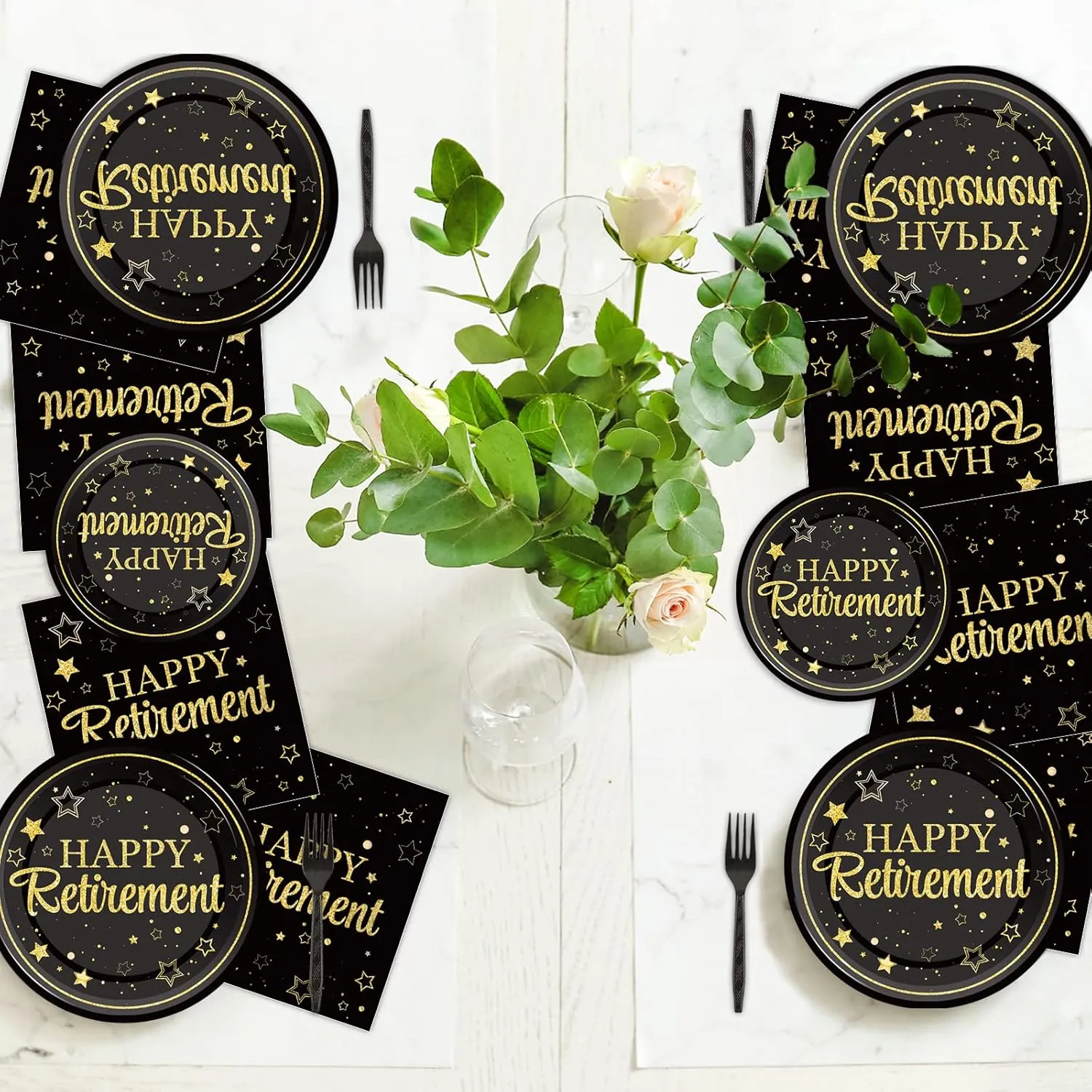 96 Pcs Retirement Party Plates Napkins Tableware Set Happy Retirement Supplies Black and Golden Disposable Dinnerware Retired Party Decoration Favors for Women Men, 24 Guests