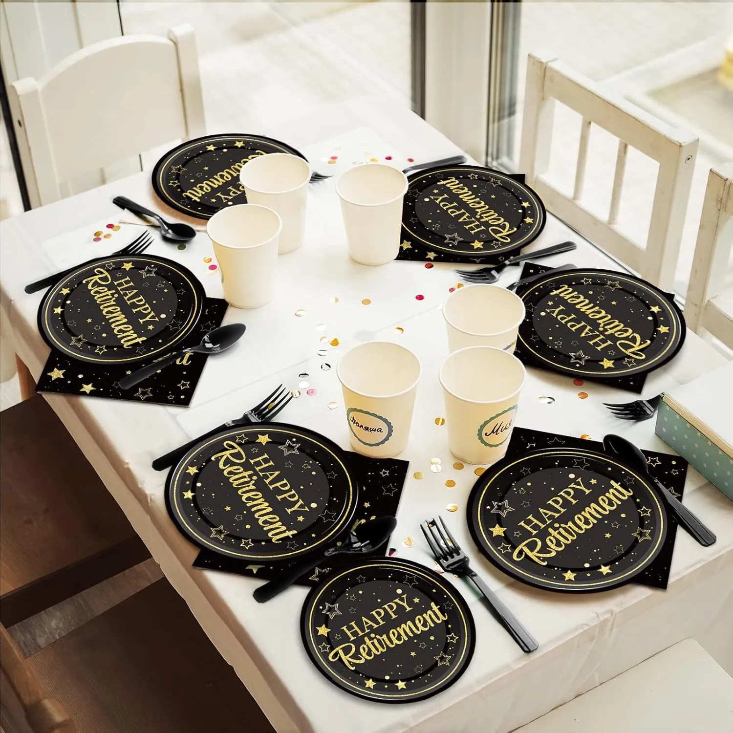 96 Pcs Retirement Party Plates Napkins Tableware Set Happy Retirement Supplies Black and Golden Disposable Dinnerware Retired Party Decoration Favors for Women Men, 24 Guests