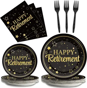 96 Pcs Retirement Party Plates Napkins Tableware Set Happy Retirement Supplies Black and Golden Disposable Dinnerware Retired Party Decoration Favors for Women Men, 24 Guests