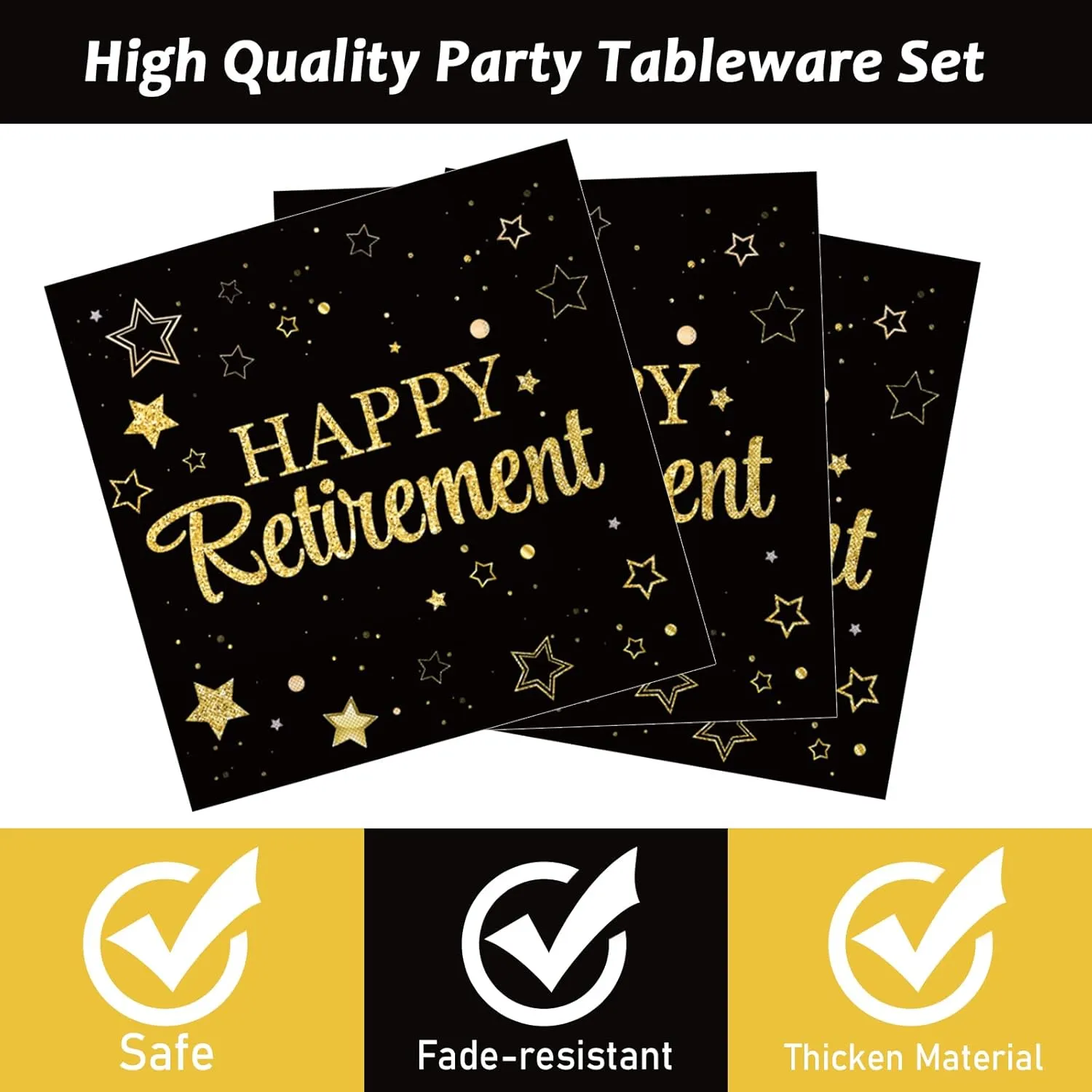 96 Pcs Retirement Party Plates Napkins Tableware Set Happy Retirement Supplies Black and Golden Disposable Dinnerware Retired Party Decoration Favors for Women Men, 24 Guests