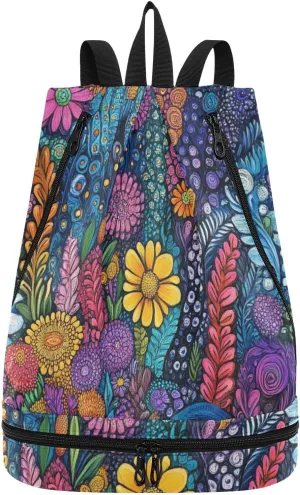 abstract flower pattern colorful oil painting Drawstring gym bags beach backpack gym bag with Wet Dry Compartments