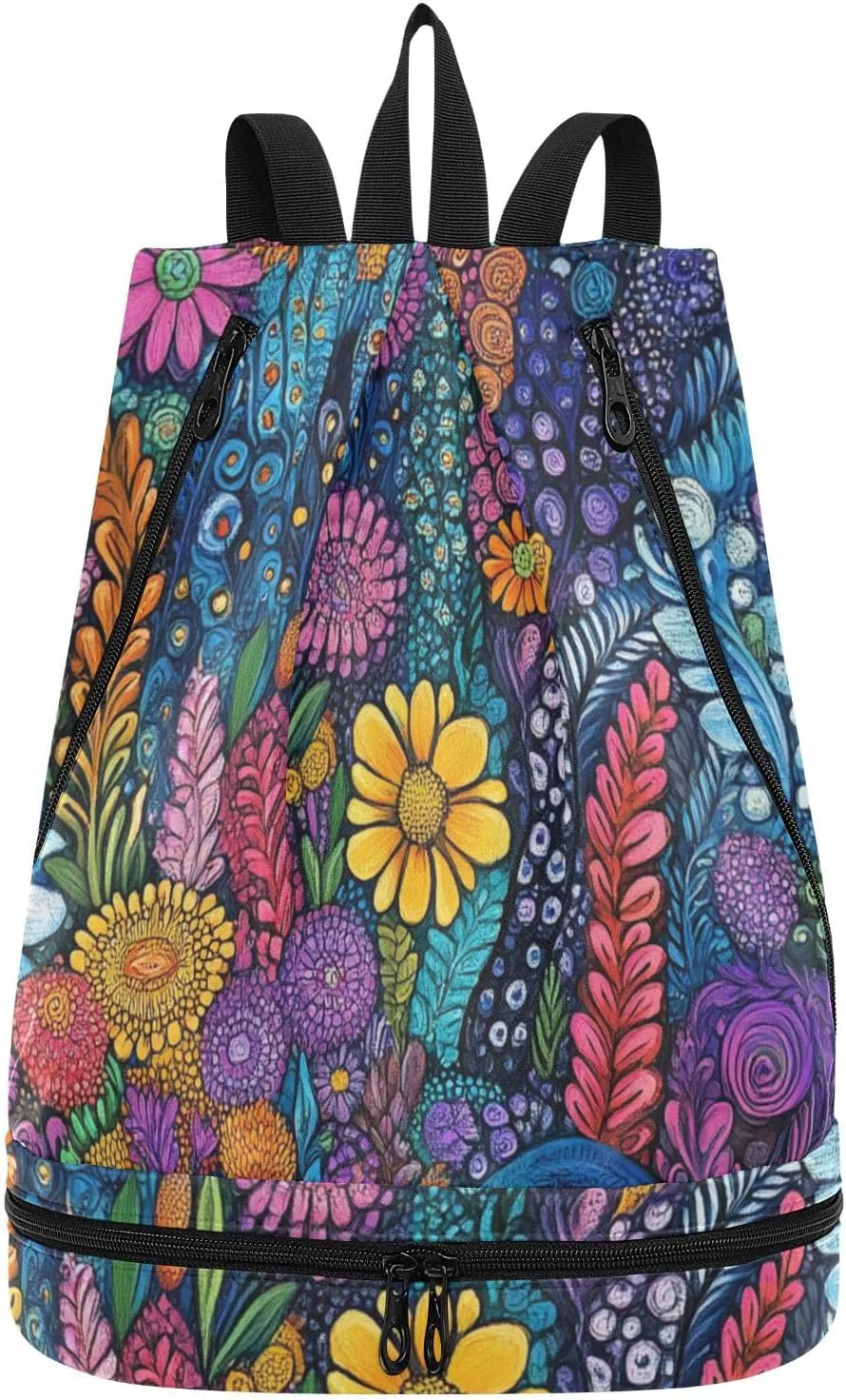 abstract flower pattern colorful oil painting Drawstring gym bags beach backpack gym bag with Wet Dry Compartments
