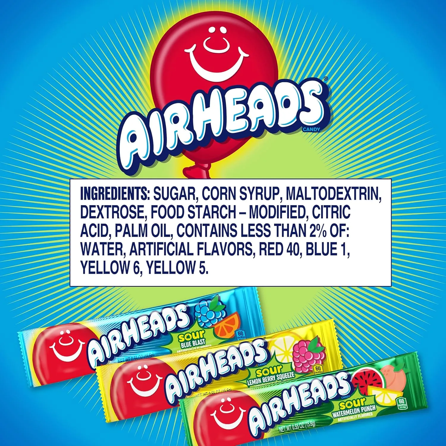 Airheads SOUR Bars, Variety Bulk Box, Sour Watermelon Punch, Blue Blast, and Lemon Berry Squeeze flavored candy, 60 Individually Wrapped Full Size Bars