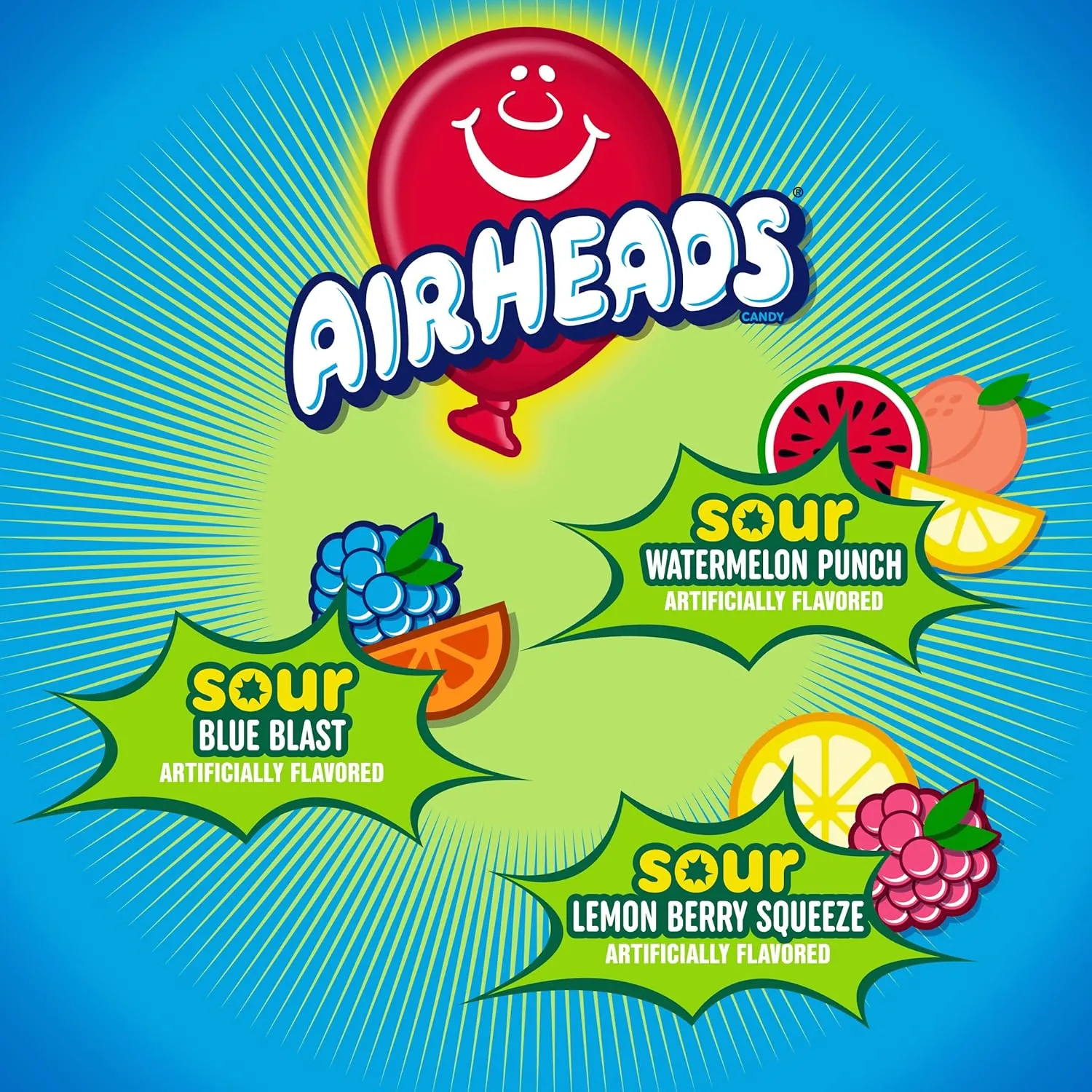 Airheads SOUR Bars, Variety Bulk Box, Sour Watermelon Punch, Blue Blast, and Lemon Berry Squeeze flavored candy, 60 Individually Wrapped Full Size Bars