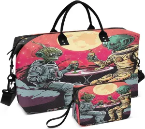 Aliens Dinner Space Earth Sports Gym Bag for Women Men Travel Duffel Bag Weekend Overnight Carry on Bag with Toiletry Bag Training Handbag for Yoga Workout Swimming Hospital Plane