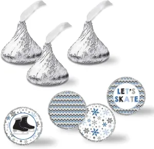 Amanda Creation Ice Skating-Themed Party Kiss Stickers, 300 Blue, Black, Gray, Silver Modern Round Stickers for Chocolate Kisses, Goodie Bags & Envelopes