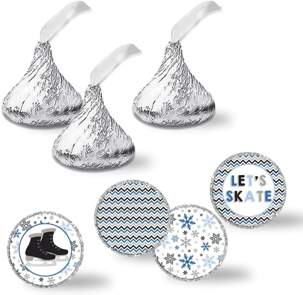 Amanda Creation Ice Skating-Themed Party Kiss Stickers, 300 Blue, Black, Gray, Silver Modern Round Stickers for Chocolate Kisses, Goodie Bags & Envelopes