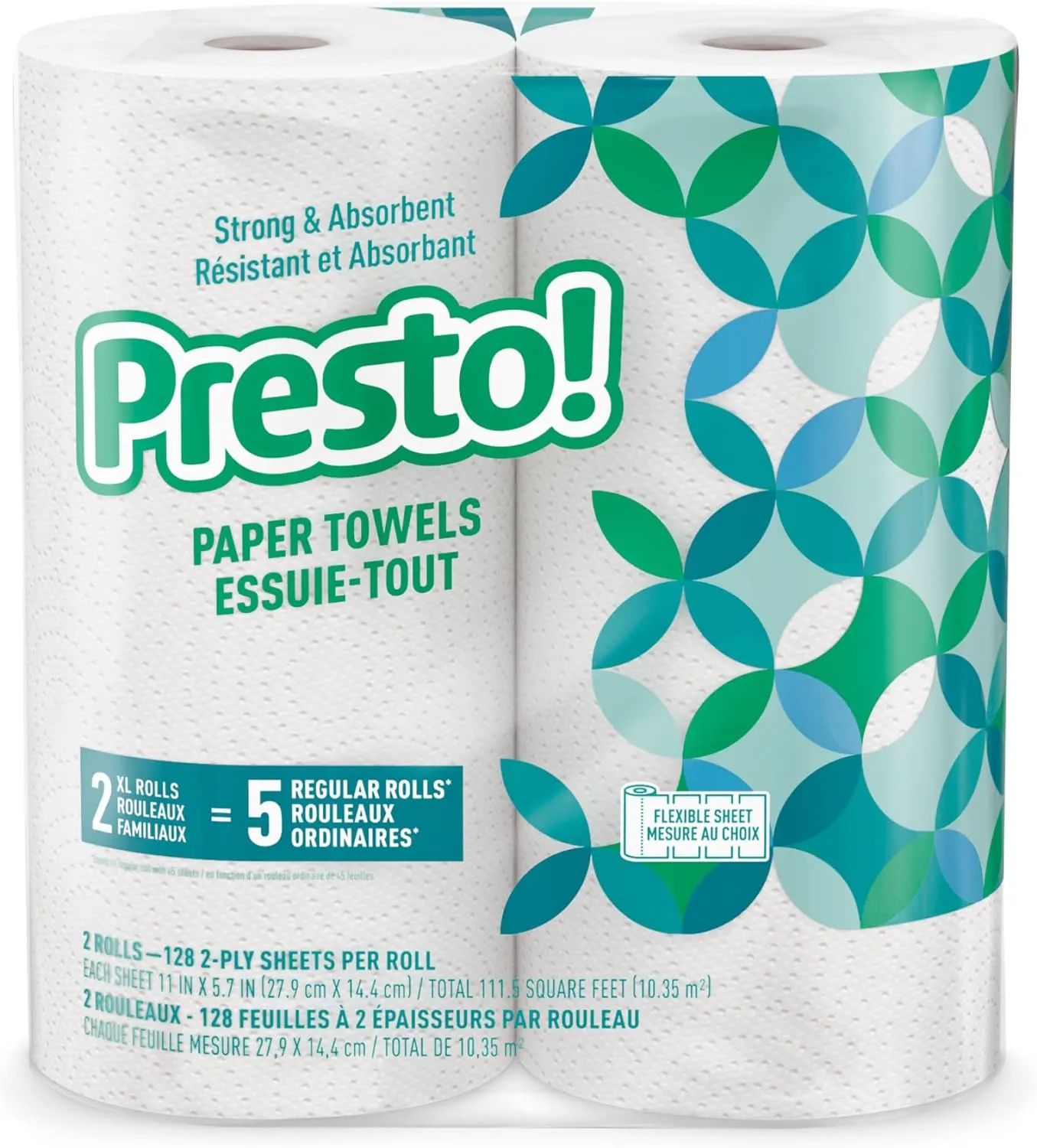 Amazon Brand - Presto! Flex-a-Size Paper Towels, 128 Sheet Family Roll, 2 Rolls (1 Packs of 2), White