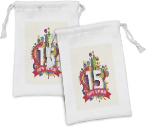 Ambesonne 15th Birthday Fabric Pouch Set of 2, Colorful Fun Composition with Geometrical Elements Greetings Celebration, Small Drawstring Bag for Toiletries Masks and Favors, 9" x 6", Multicolor