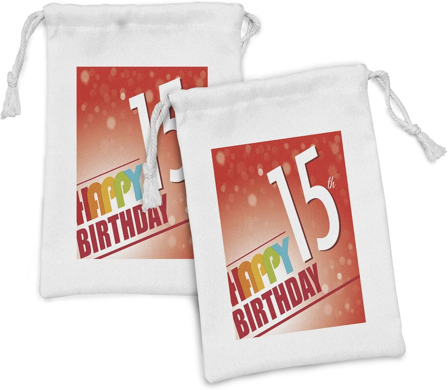 Ambesonne 15th Birthday Fabric Pouch Set of 2, Happy Fifteenth Birthday Concept with Greetings Rays Colorful Retro Style, Small Drawstring Bag for Toiletries Masks and Favors, 9" x 6", Multicolor